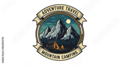 Adventure travel mountain camping logo badge emblem design vector