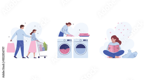 A modern illustration depicting a couple shopping a woman doing laundry and another woman relaxing with a book and a pet representing everyday life activities