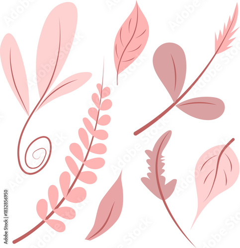 Charming set of vector clip art botanical elements in varying shades of dusty pink and soft mauve, featuring diverse leaves and twigs, perfect for feminine stationery or digital scrapbooking.