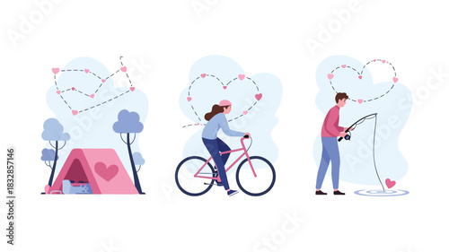 A set of three illustrations depicting outdoor activities with a romantic theme including camping cycling and fishing all connected by heart motifs
