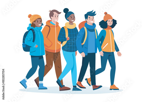 Diverse group of five young adults wearing winter clothing and backpacks walking together vector illustration logo creative icon on white background