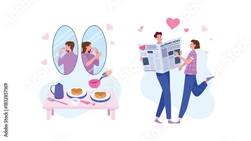 A happy couple enjoys a romantic morning together with heart shaped pancakes coffee and reading the newspaper symbolizing love and togetherness