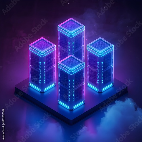 Cloud-computing isometric vector server towers with glowing accents