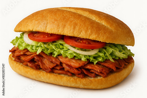 Shredded meat sandwich with lettuce tomato and crusty bread roll