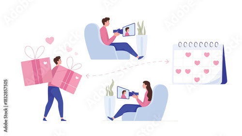Long distance relationship couple celebrating special occasions with video calls and gift deliveries showing love and connection across distances