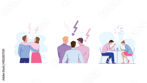 Illustration depicting relationship conflict and disconnection with couples arguing and individuals engrossed in their phones at a cafe symbolizing modern communication challenges