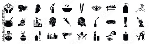 A collection of black glyph icons for spa, beauty, and cosmetic themes. Perfect for wellness websites, salon menus, and healthcare marketing materials.