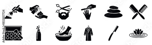 A collection of black silhouette icons representing spa treatments, beauty services, and grooming tools. Ideal for wellness, salon, and barbershop branding.