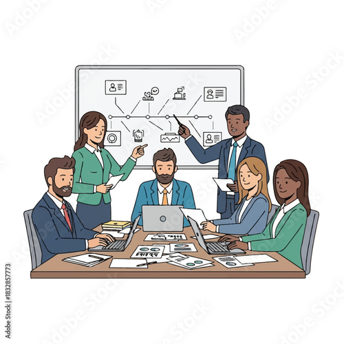 Illustration of a diverse business team collaborating around a conference table with a whiteboard in the background.