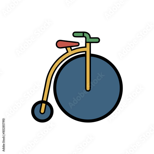 Vintage Penny Farthing Bicycle Icon With Red Seat Blue Wheel And Green Handlebars On Black Background Flat Vector Art Clean Sticker Style 2d Minimalist