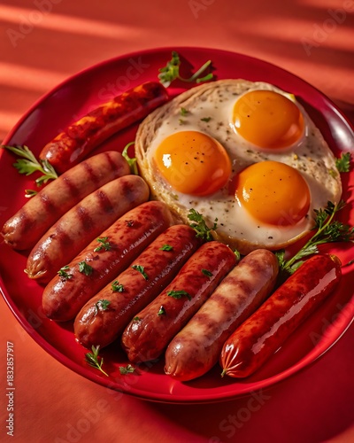 Delicious grilled sausages served with sunny side up eggs and salad greens