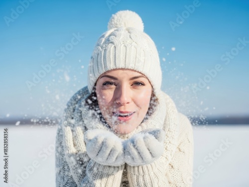 Woman blowing snow in winter, enjoying the cold weather outdoors