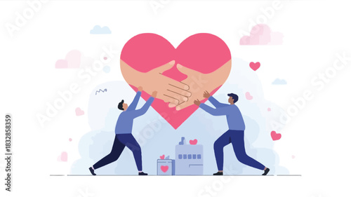 Two people holding up a giant heart with clasped hands symbolizing support unity and love with a building and hearts in the background