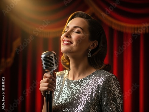 Elegant woman singing into a vintage microphone on a stage with red curtains