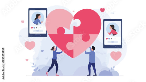 Couple assembling a large heart puzzle together symbolizing love and connection with social media profiles on smartphones in the background