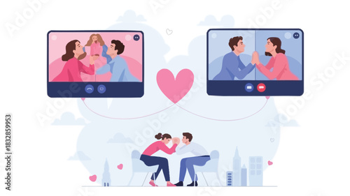 Long distance couple connecting through video calls and virtual dates symbolizing love and relationships across distances