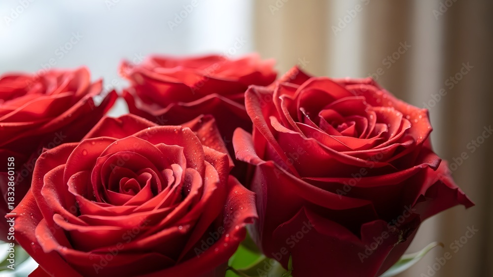 Fototapeta premium Luxurious red roses bloom with velvety petals, evoking romance and passion in soft light.