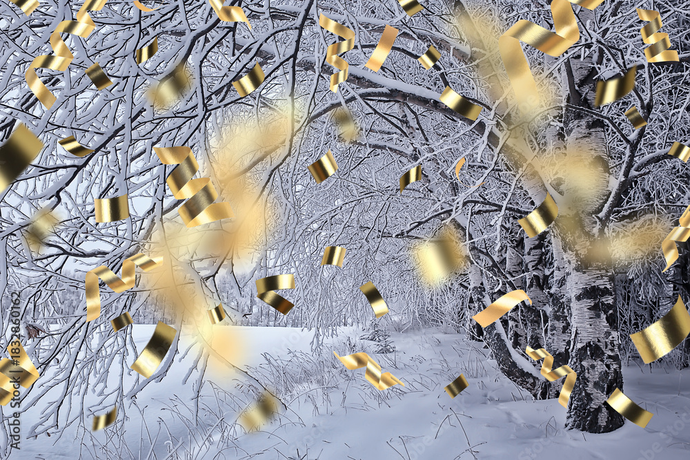 Obraz premium christmas confetti holiday background, winter landscape outdoor, new year