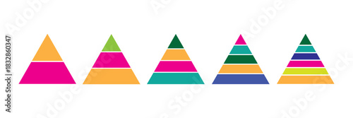 Levels of triangular pyramid icon set. Triangle pyramid chart collection. Maslow layer diagram. Development level infographic. Business graph. Vector illustration isolated on white background