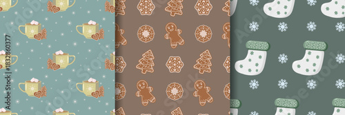 Set of three Christmas wrapping paper patterns teal with yellow mugs and gingerbread cookies, brown with gingerbread men and snowflake cookies, and muted green with white stockings and snowflakes