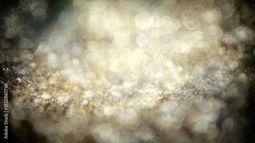 Golden sparkling dust particles forming a brilliant glowing bokeh light stream, creating abstract festive background