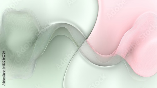 Abstract background with flowing pastel pink and green waves, subtle mesh patterns creating a soft, modern design