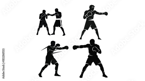 Silhouettes of boxers in action, showcasing various fighting stances and movements