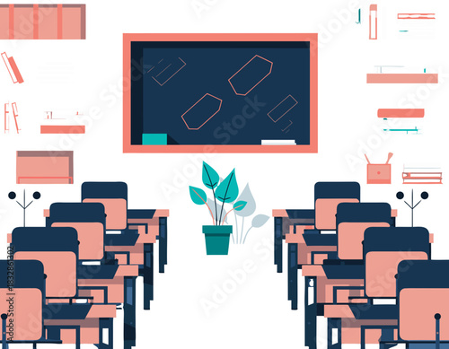 Vector Illustration Of A Preschool Classroom With Child Sized Desks Chairs Bookshelf Blackboard And A Potted Plant On A Black Background