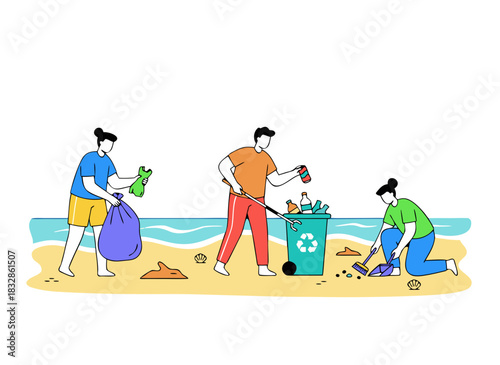 People Collecting Trash on Sandy Beach Near Ocean Water Wearing Casual Clothes With Recycling Bin Beach Cleanup Volunteers Environmental Protection Concept