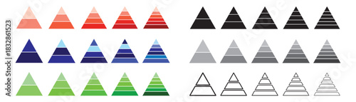 Six Levels of triangular pyramid icon set. Triangle hierarchy data segments collection. Development level infographic. Business graph.