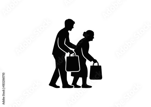 A simple silhouette icon showing a young man kindly assisting an elderly woman with her heavy shopping bags, a concept of community support