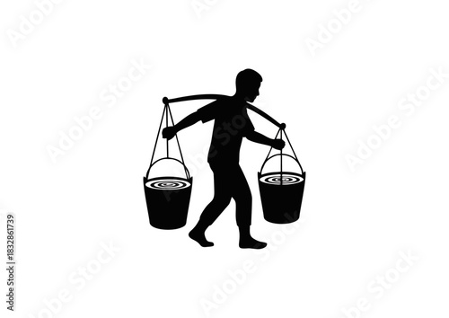 Silhouette of a person carrying water buckets on their shoulders