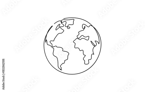 Continuous linear drawing of the Globe. Single-line drawing of the Earth. Single line illustration isolated on transparent background