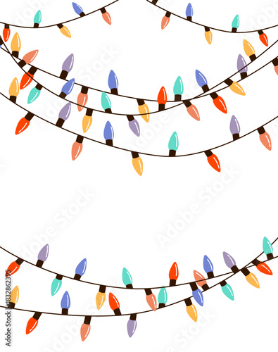 Cartoon vector illustration of vertical various multi colored Christmas light strings isolated on transparent background. Clip art for decorating festive banners, winter promotions and holiday cards