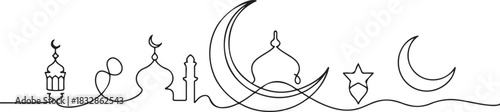Moon continuous one line art drawing of Ramadan Kareem and Eid in outline vector illustration. one line Icon drawing