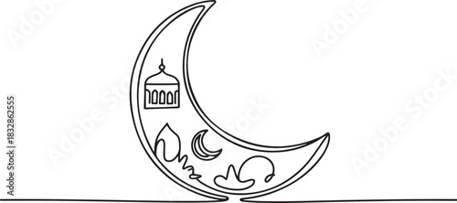 Moon continuous one line art drawing of Ramadan Kareem and Eid in outline vector illustration. one line Icon drawing