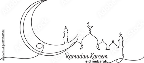 Moon continuous one line art drawing of Ramadan Kareem and Eid in outline vector illustration. one line Icon drawing