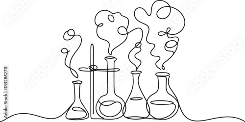 Chemistry retorts equipment with wavy smoke. Education concept. Continuous one line drawing. Doodle vector illustration. one line Icon drawing