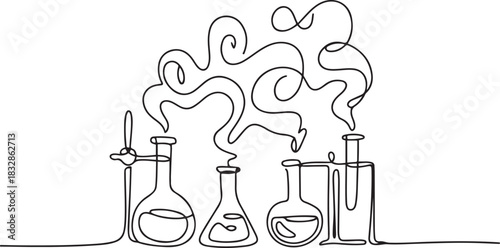 Chemistry retorts equipment with wavy smoke. Education concept. Continuous one line drawing. Doodle vector illustration. one line Icon drawing