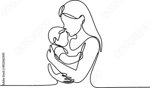 Woman hold her baby. Mothers Day line art. Solid line, continuous one line drawing. Mother holding her baby . Continuous line art vector. one line Icon drawing