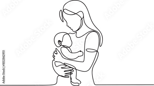 Woman hold her baby. Mothers Day line art. Solid line, continuous one line drawing. Mother holding her baby . Continuous line art vector. one line Icon drawing