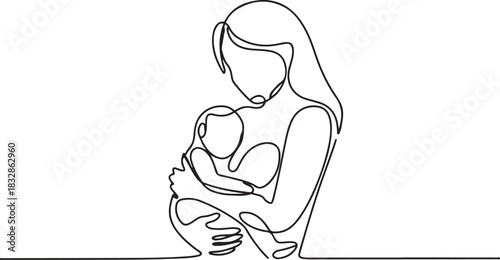 Woman hold her baby. Mothers Day line art. Solid line, continuous one line drawing. Mother holding her baby . Continuous line art vector. one line Icon drawing