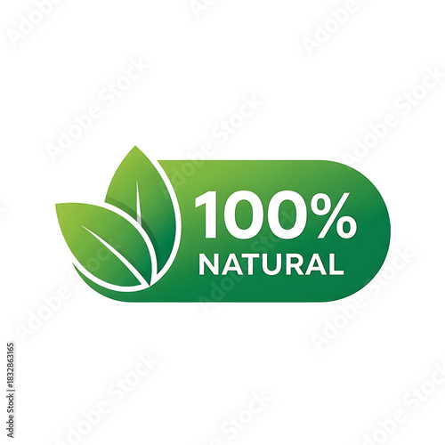 Green 100% natural product label with leaves for organic food, eco-friendly, and healthy living