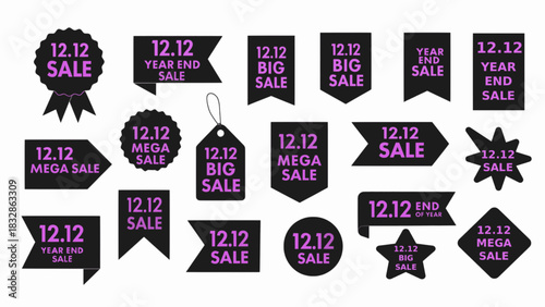 Purple text with black labels isolated on white background. Sale promotion, website stickers, new offer badge collection. 12.12 icons set, hot discount and tags. Best choice tags. Vector illustration