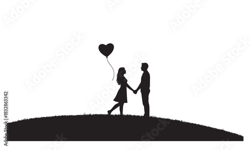 Romantic silhouette of a couple holding hands with a heart balloon on a hilltop