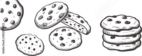 Black and white sketch of chocolate chip cookies food