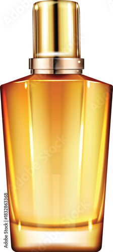 An elegant, faceted glass perfume bottle with a golden cap and amber-colored liquid, isolated on a white background.