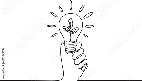 Single continuous line drawing hand holding bulb in the middle of which there is plant sprout. Symbol of a brilliant idea. Greening sustainability. Holding Bulb. one line Icon drawing