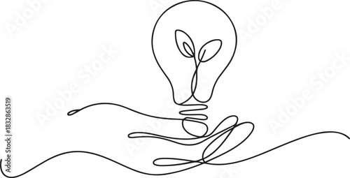 Single continuous line drawing hand holding bulb in the middle of which there is plant sprout. Symbol of a brilliant idea. Greening sustainability. Holding Bulb. one line Icon drawing