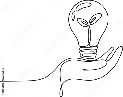 Single continuous line drawing hand holding bulb in the middle of which there is plant sprout. Symbol of a brilliant idea. Greening sustainability. Holding Bulb. one line Icon drawing